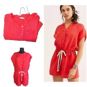 Free People FP Intimitely Womens Romper Jumpsuit Coral Red Linen Size Medium
